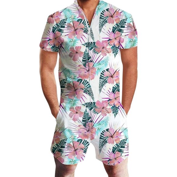 Men's Short Sleeve 3D Graphic Romper Tropical Floral Print Zip Front  Sz. Medium - Picture 1 of 10